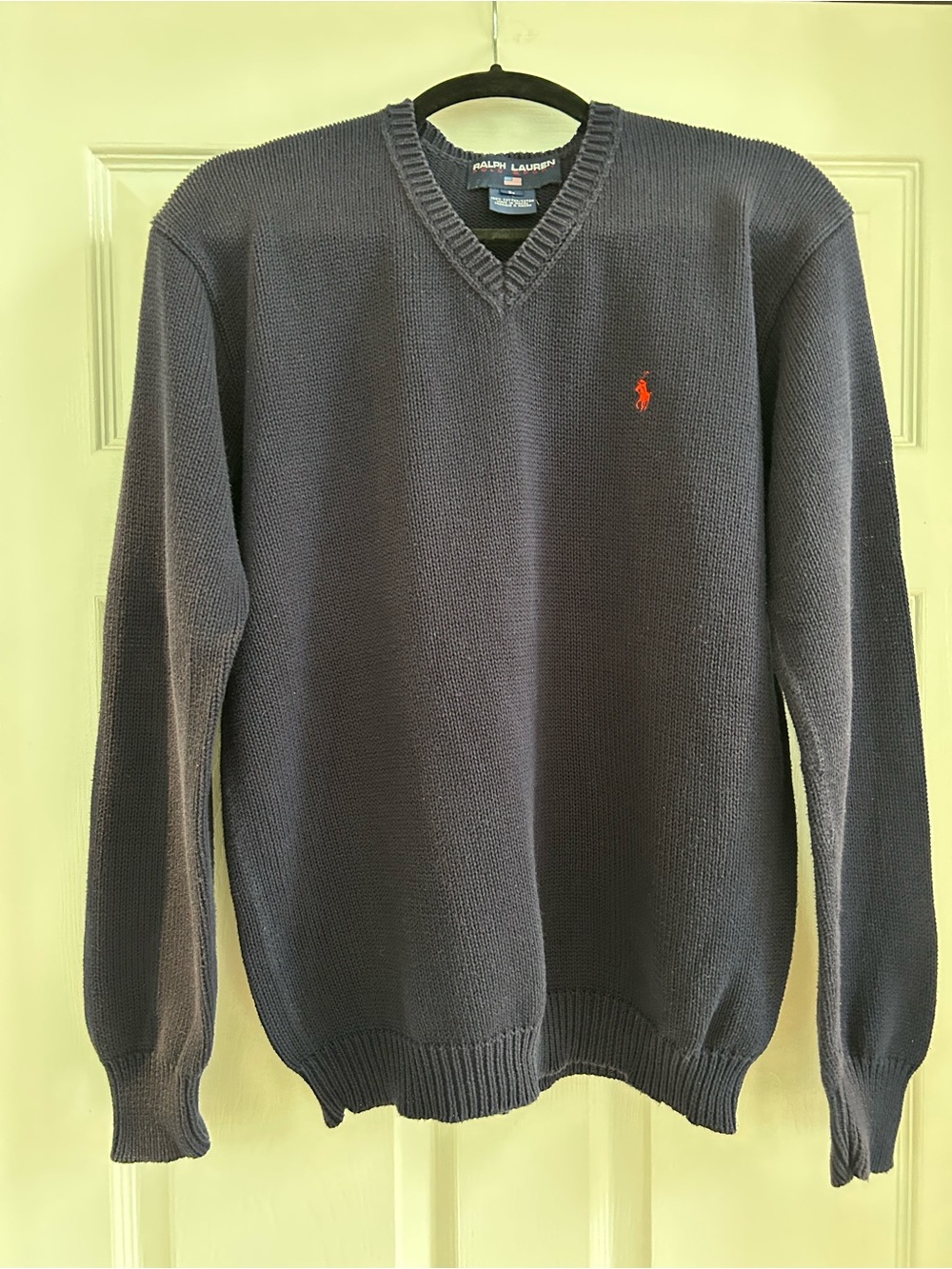 Ralph Lauren Navy V-Neck Sweater with Red Pony Logo